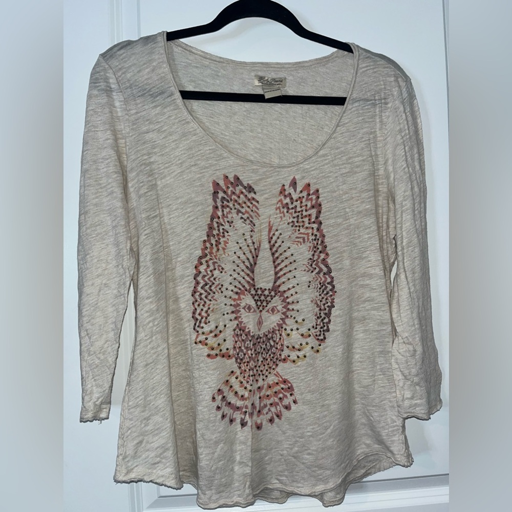 Lucky Brand 3/4 Sleeve Owl Print Metal Dots Embellished Scoop Neck Beige Blouse